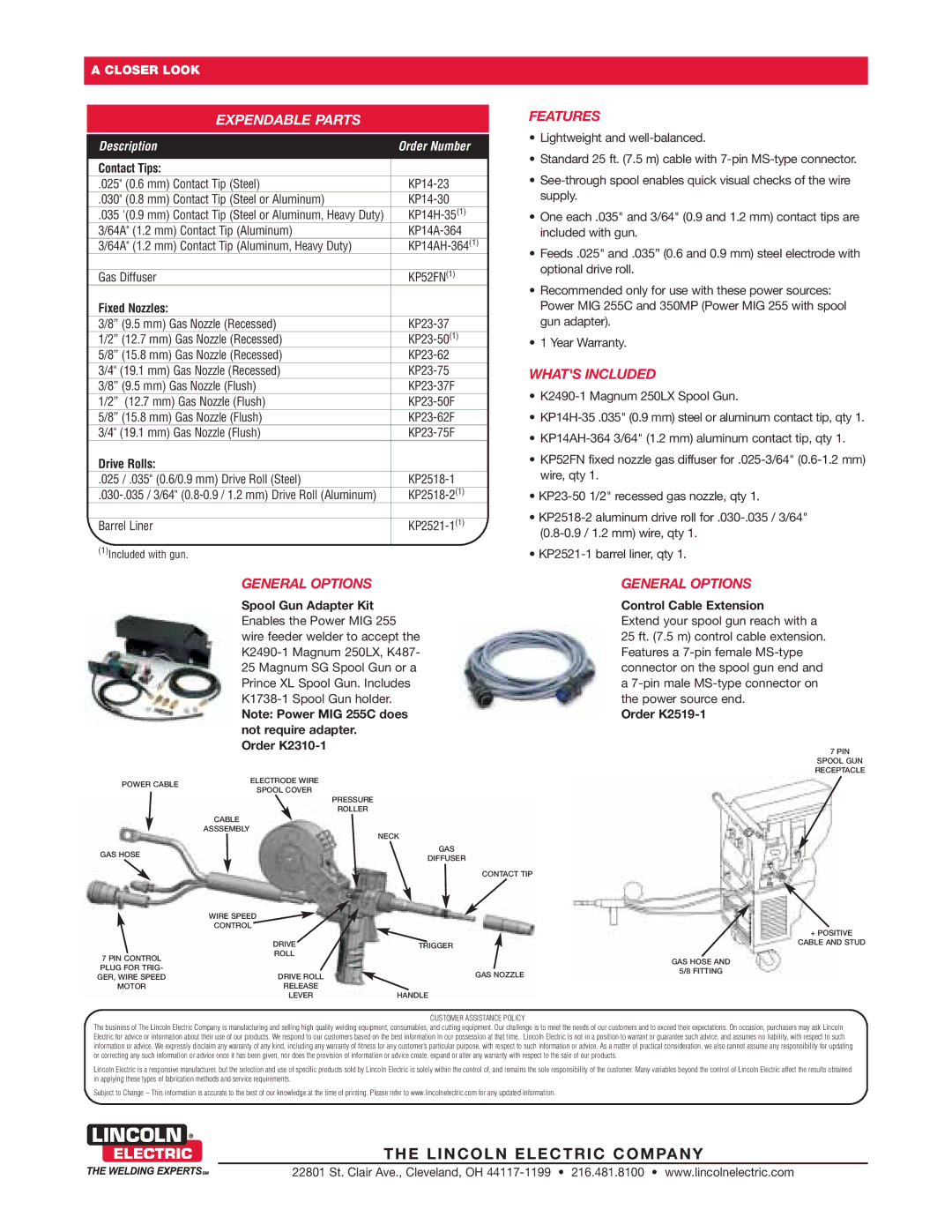 Lincoln Electric 250LX warranty Expendable Parts, Features, Whats Included, General Options 