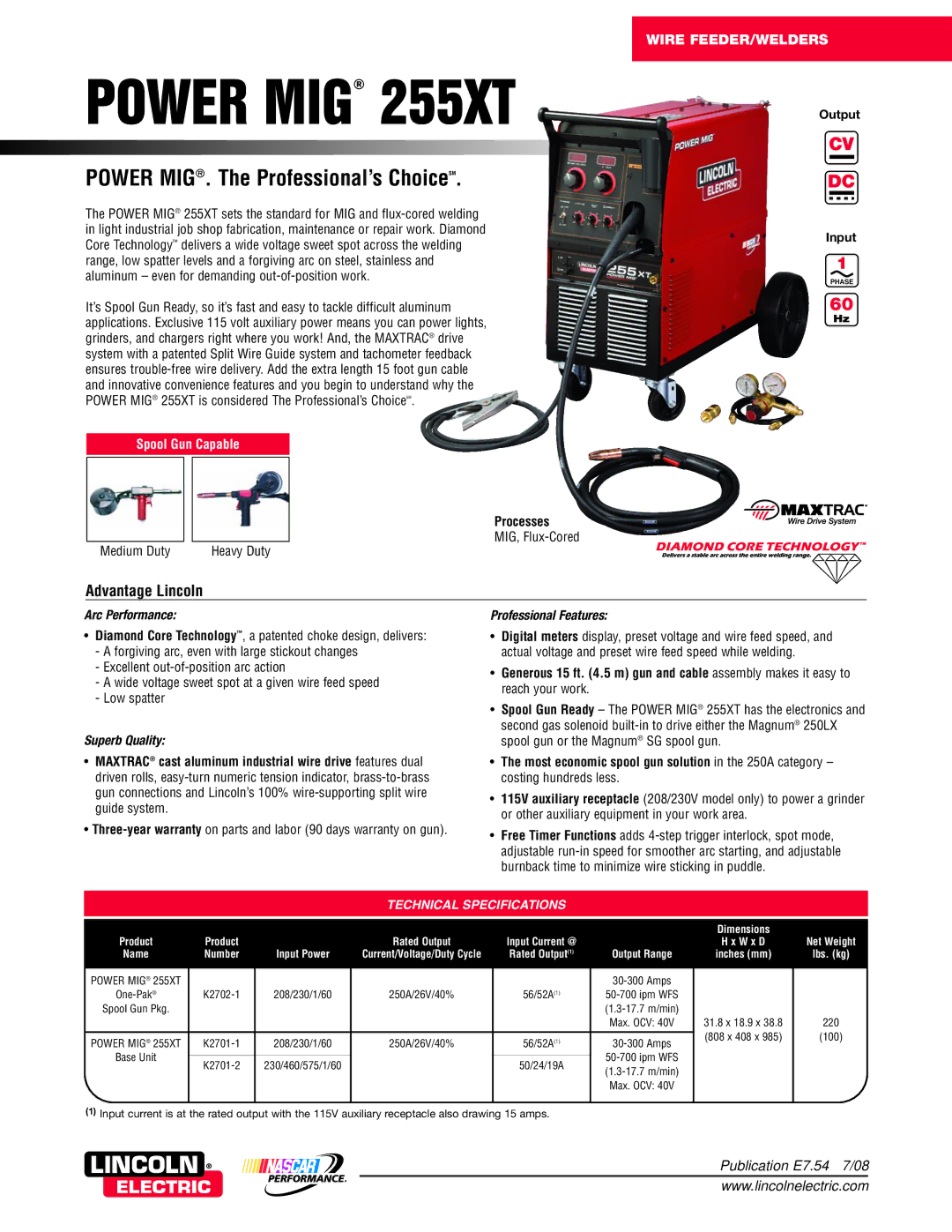 Lincoln Electric 255XT warranty Output Input, Arc Performance, Professional Features, Technical Specifications 