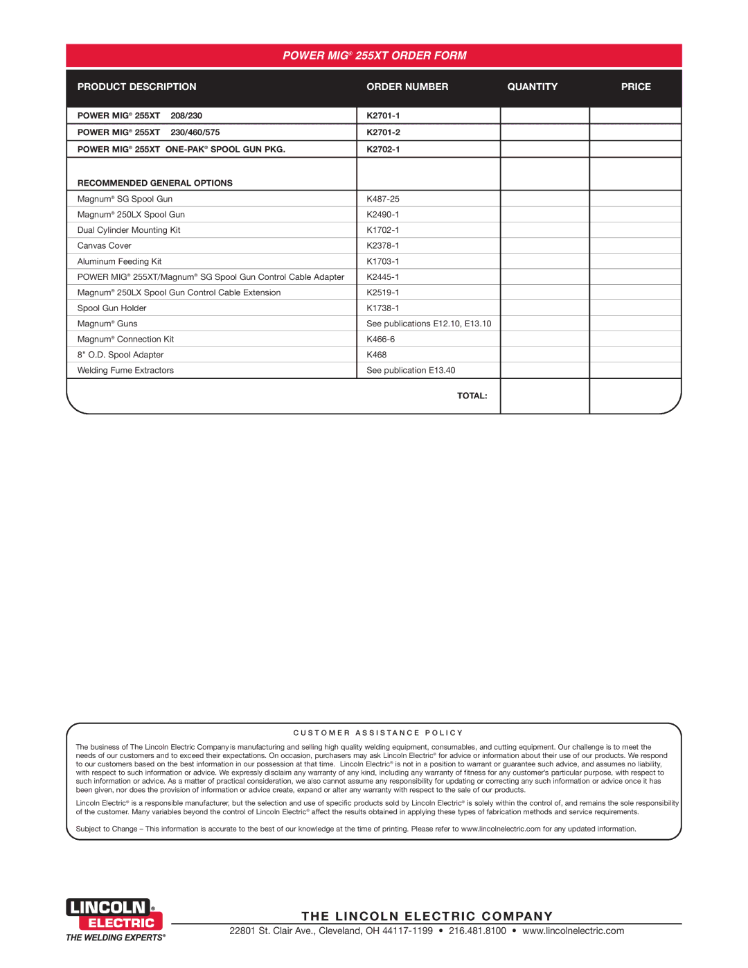 Lincoln Electric 255XT warranty Lincoln Electric Company 