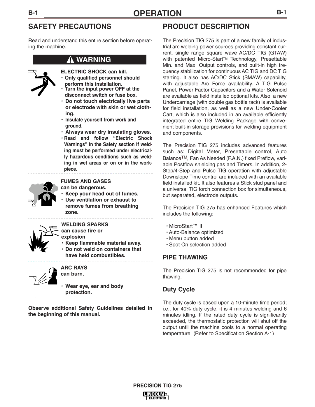 Lincoln Electric 275 manual Operation, Product Description, Pipe Thawing, Welding Sparks 