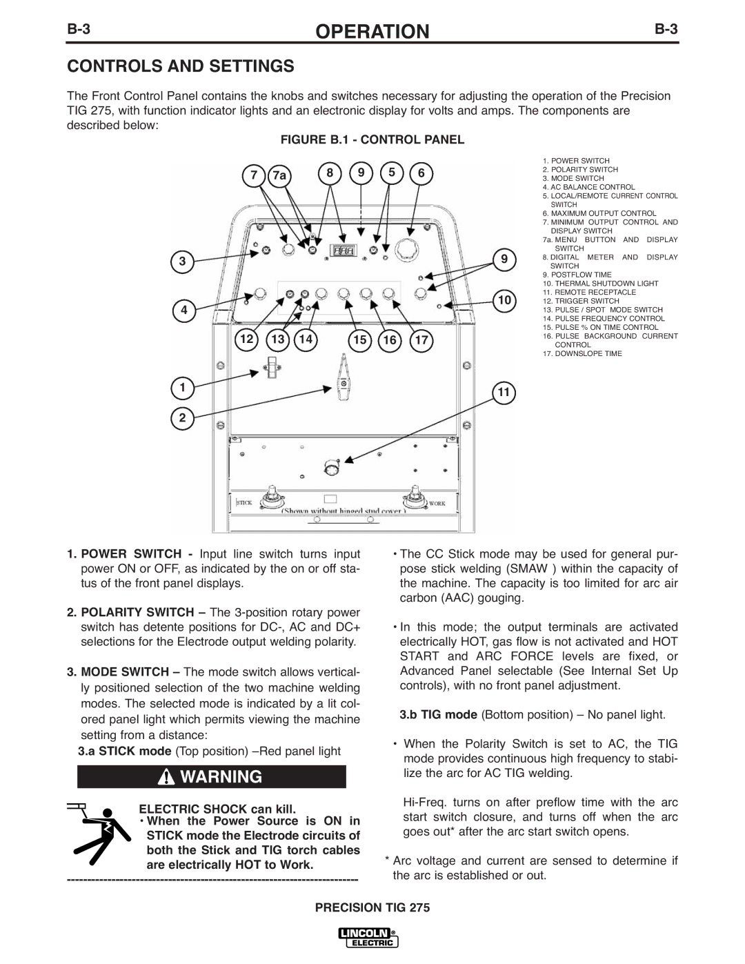 Lincoln Electric 275 manual Controls and Settings, Figure B.1 Control Panel 