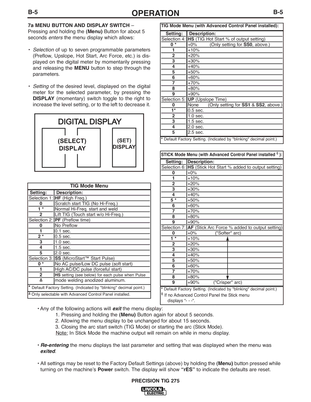 Lincoln Electric 275 manual Digital Display, TIG Mode Menu 