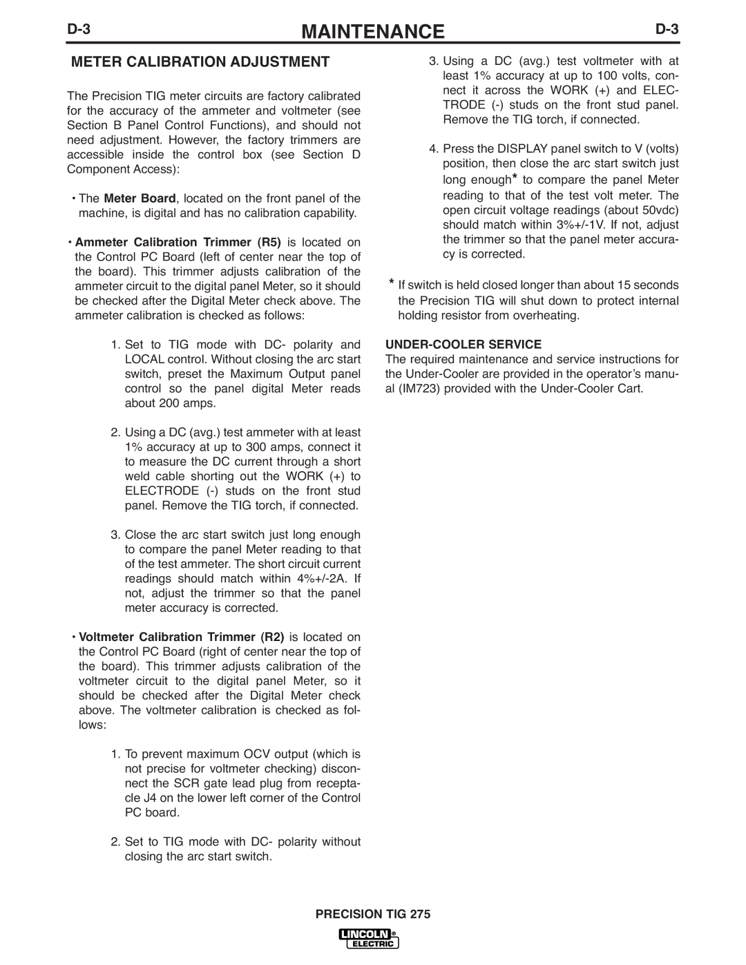 Lincoln Electric 275 manual Meter Calibration Adjustment, UNDER-COOLER Service 