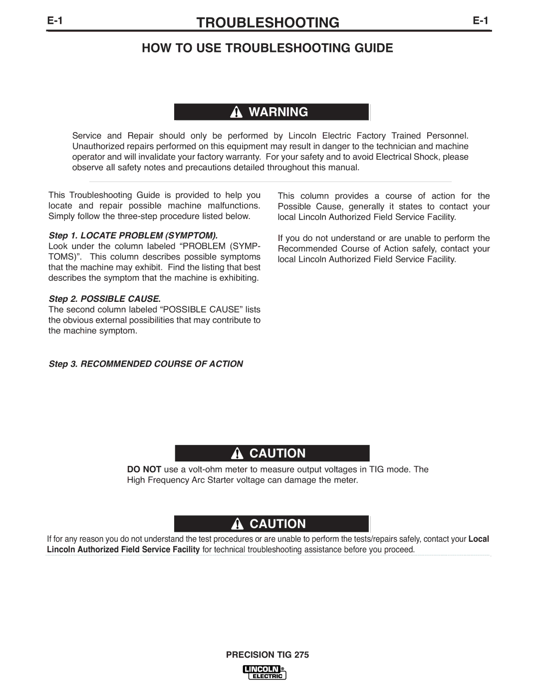 Lincoln Electric 275 manual HOW to USE Troubleshooting Guide 