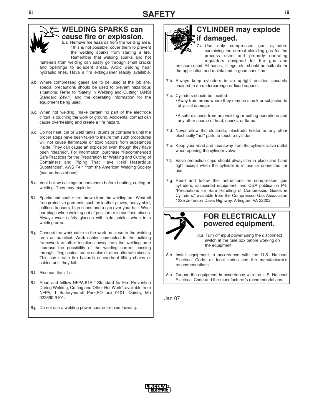 Lincoln Electric 275 manual Welding Sparks can cause fire or explosion, Iii 