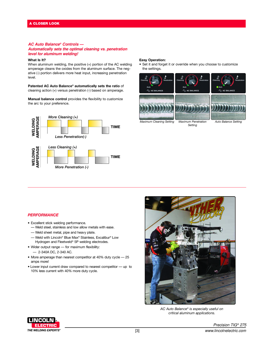 Lincoln Electric 275 warranty Performance, Patented AC Auto Balance automatically sets the ratio, Easy Operation 