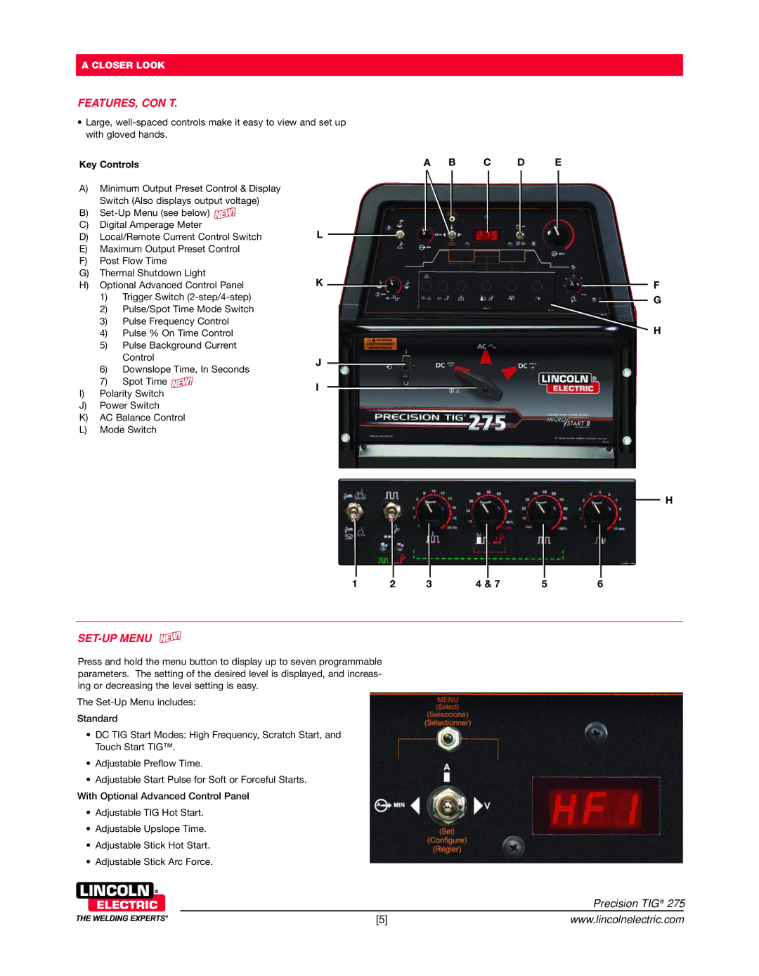 Lincoln Electric 275 warranty FEATURES, CON0T, SET-UP Menu, Key Controls 