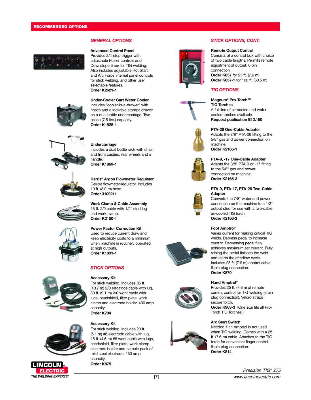 Lincoln Electric 275 warranty General Options, Stick Options, Stick OPTIONS, TIG Options 