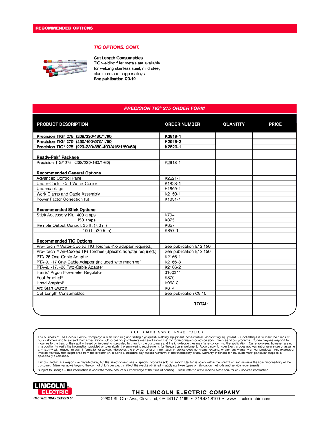 Lincoln Electric 275 warranty Tig Options 