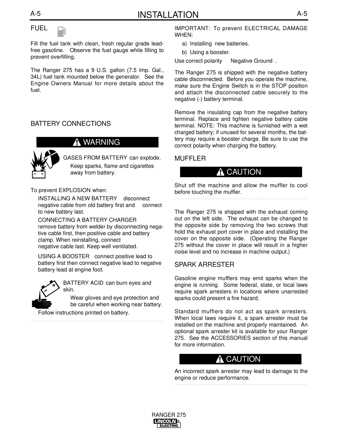 Lincoln Electric 275 manual Fuel 