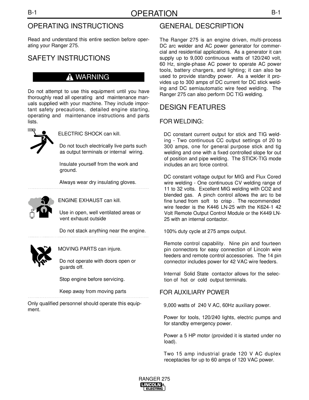 Lincoln Electric 275 manual Operation, Operating Instructions, Safety Instructions, General Description, Design Features 