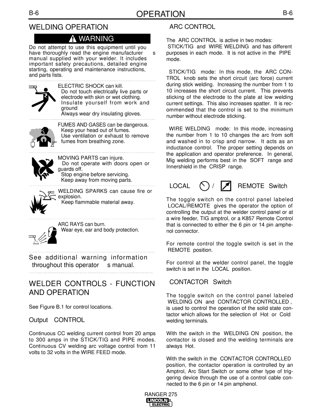 Lincoln Electric 275 manual Welding Operation, Welder Controls Function and Operation, ARC Control, Local 
