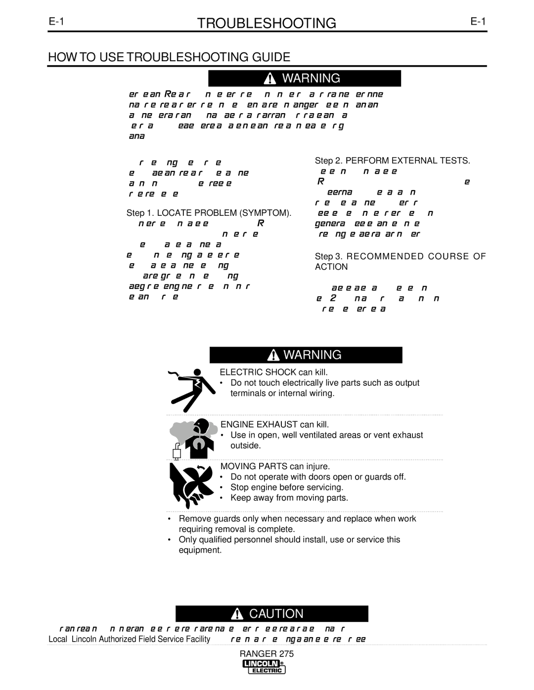 Lincoln Electric 275 manual 1TROUBLESHOOTINGE-1, HOW to USE Troubleshooting Guide 