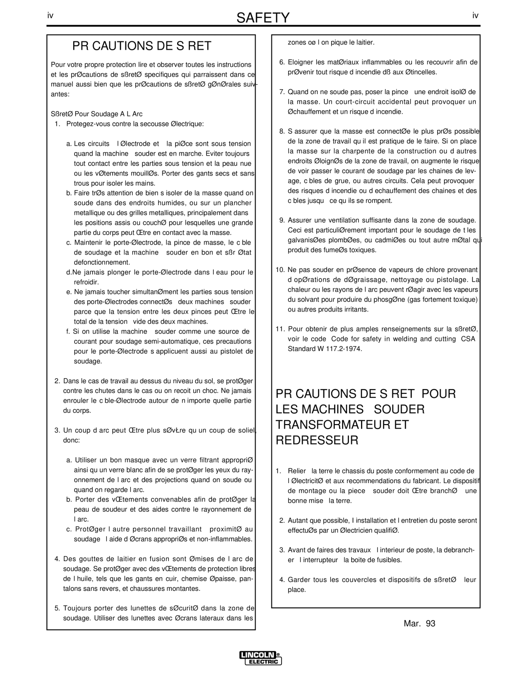 Lincoln Electric 275 manual Précautions DE Sûreté 