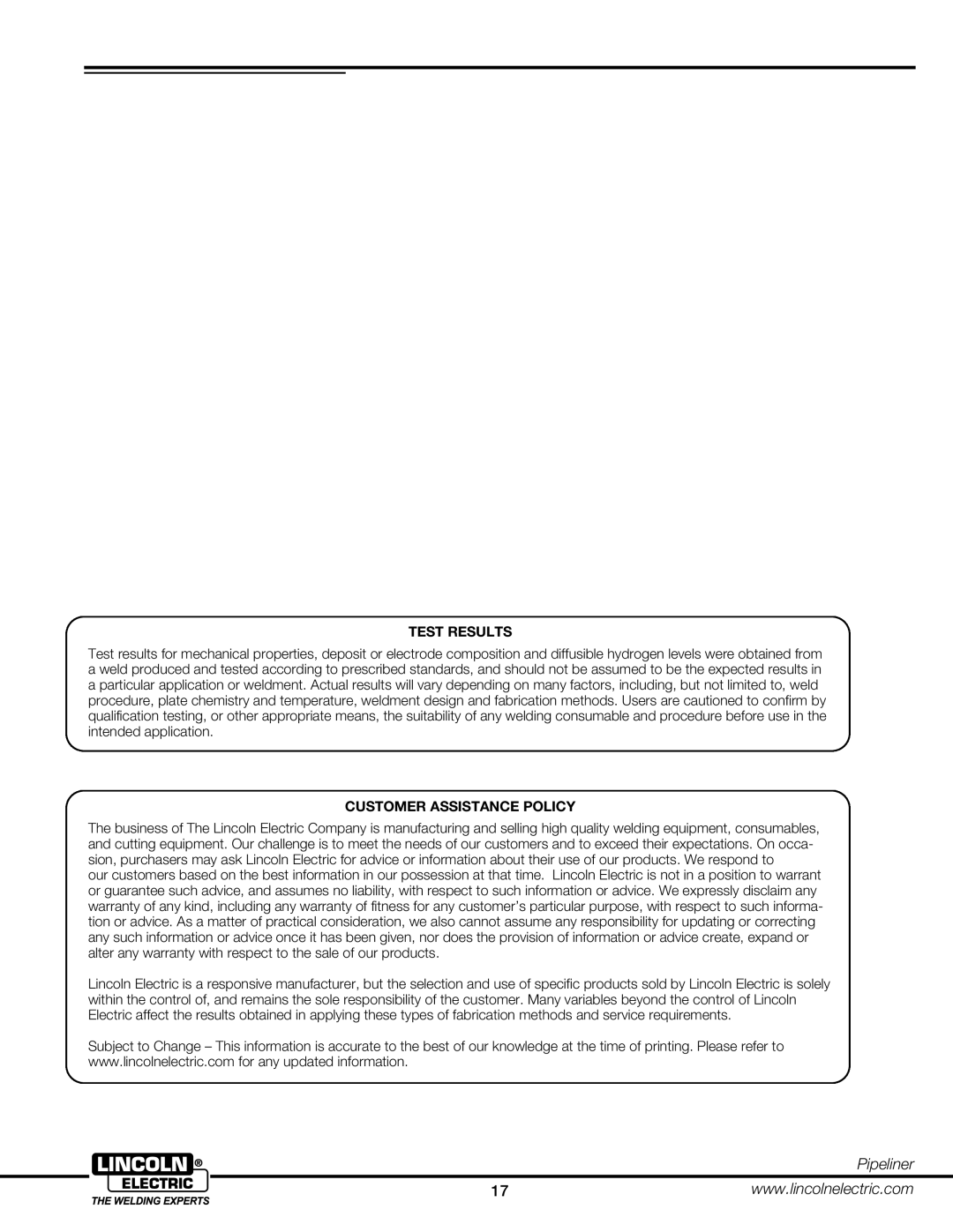 Lincoln Electric 2HBG manual Test Results 