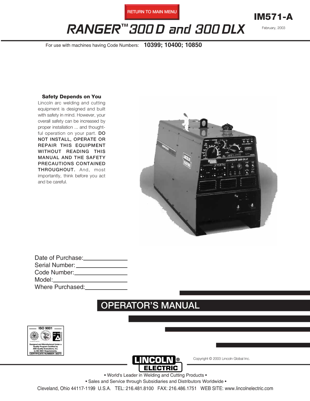 Lincoln Electric manual Ranger 300 D and 300 DLX 