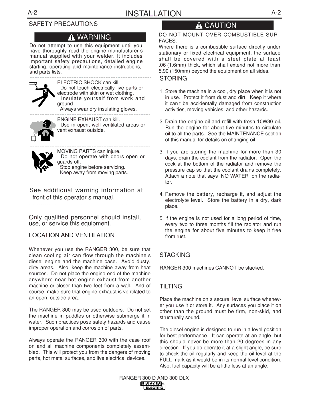 Lincoln Electric 300 DLX manual Safety Precautions, Location and Ventilation, Storing, Stacking, Tilting 