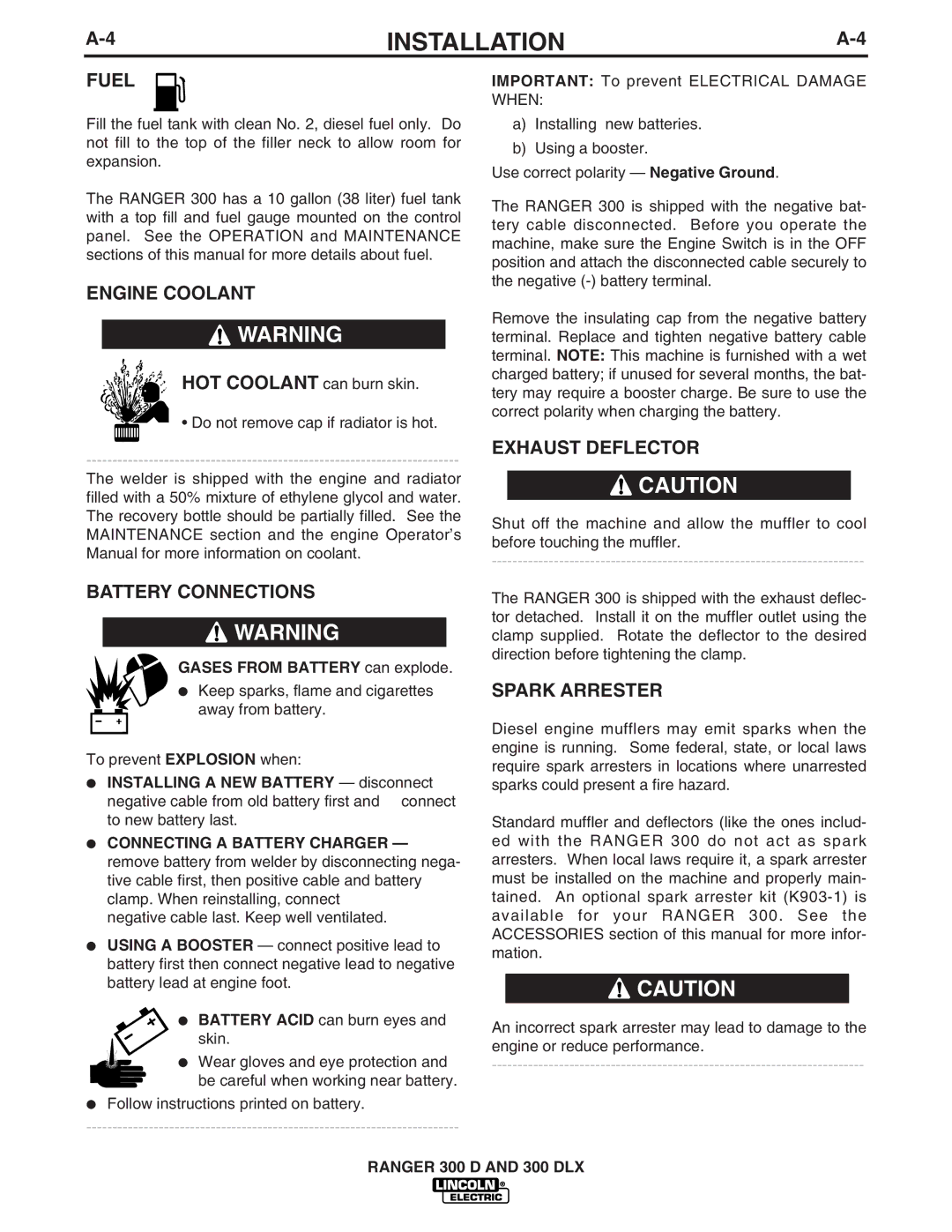 Lincoln Electric 300 DLX manual Fuel, Engine Coolant, Battery Connections, Exhaust Deflector, Spark Arrester 