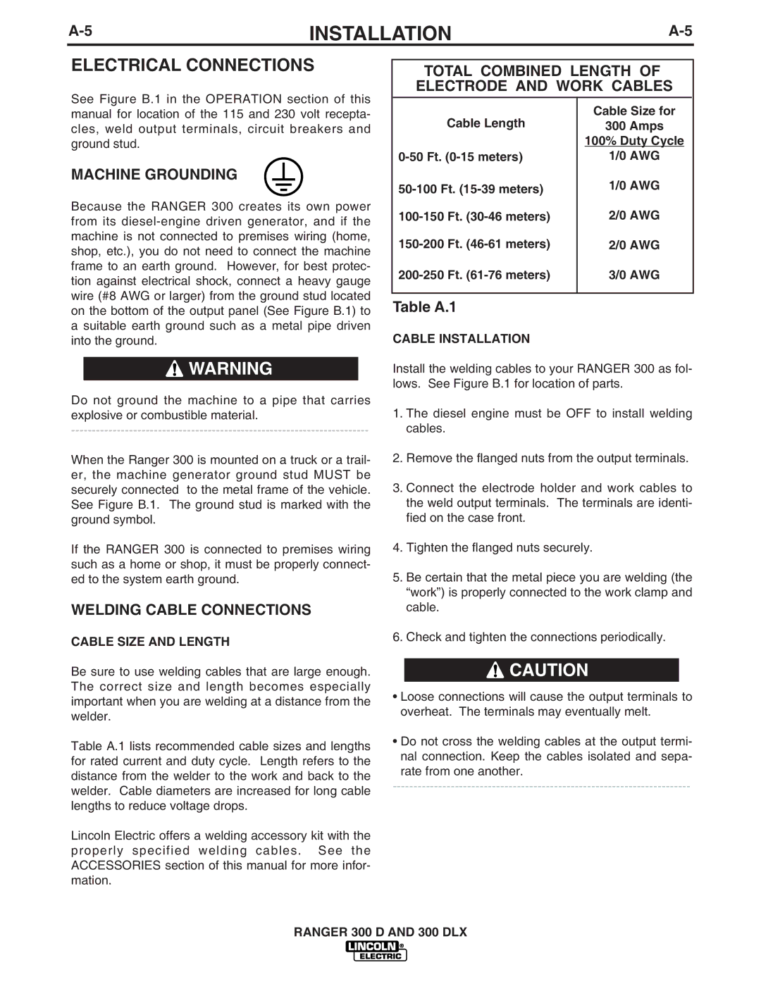 Lincoln Electric 300 DLX Electrical Connections, Total Combined Length of Electrode and Work Cables, Machine Grounding 