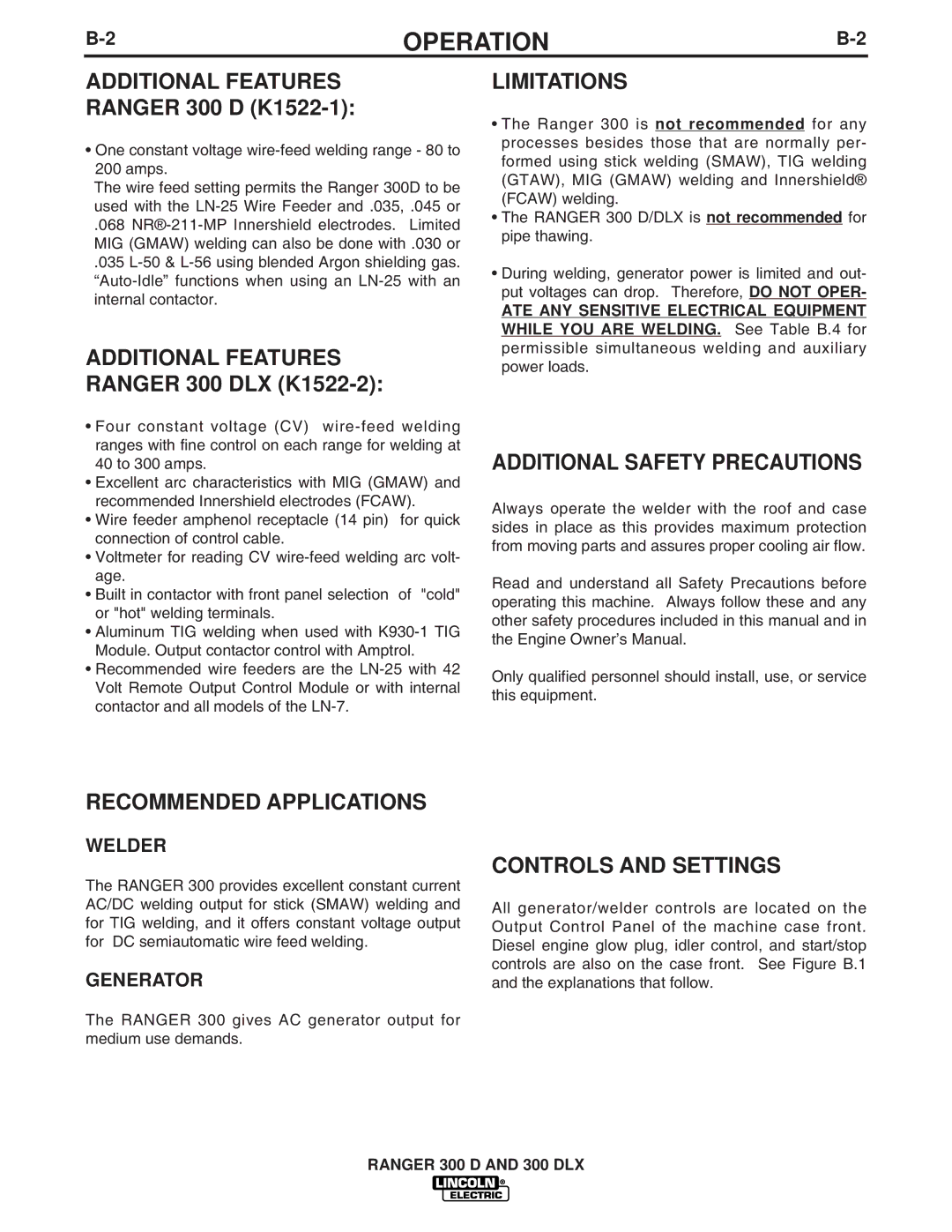 Lincoln Electric 300 DLX manual Additional Features, Limitations, Additional Safety Precautions, Recommended Applications 