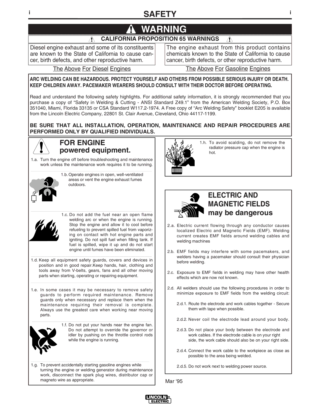 Lincoln Electric 300 DLX manual Safety, California Proposition 65 Warnings 