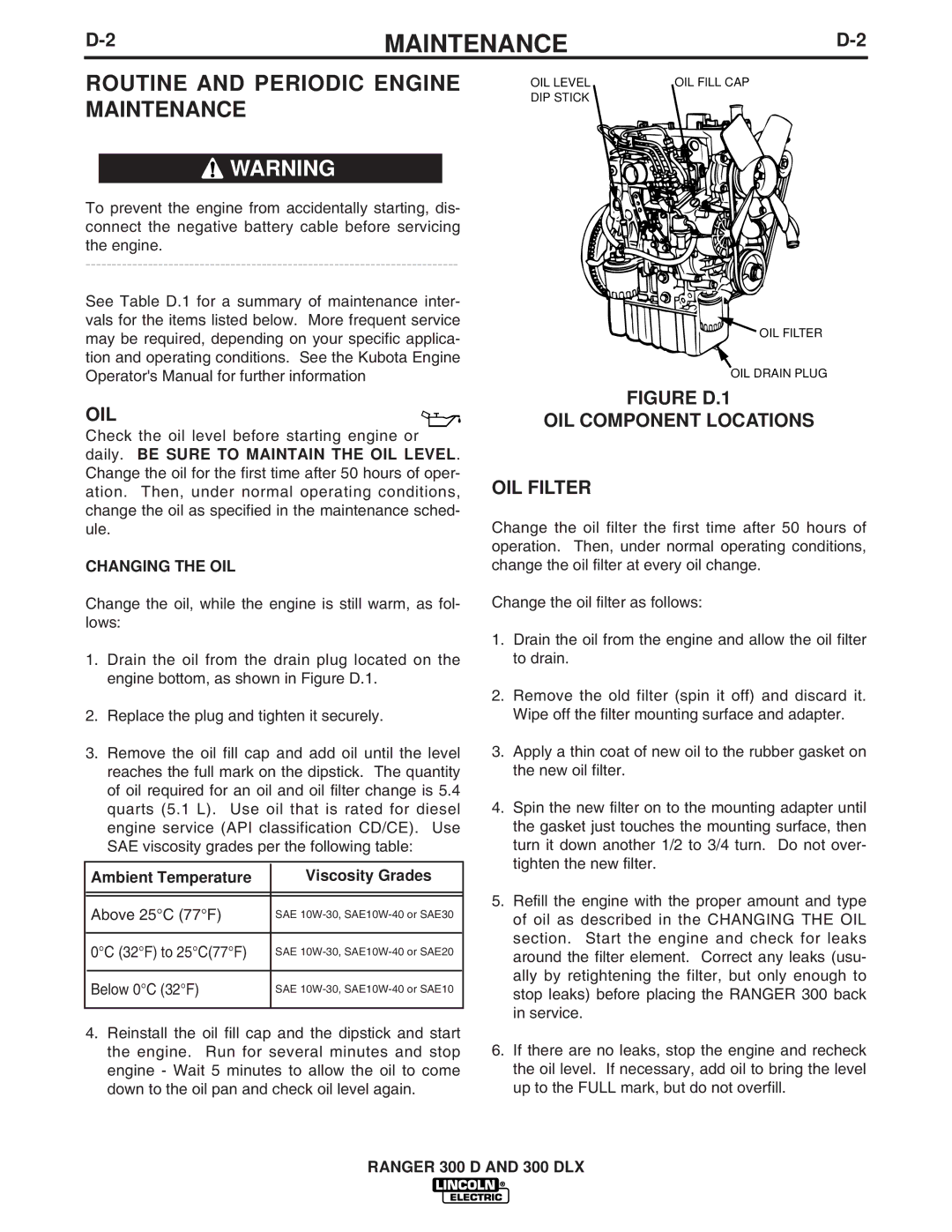 Lincoln Electric 300 DLX manual Routine and Periodic Engine Maintenance, Changing the OIL 