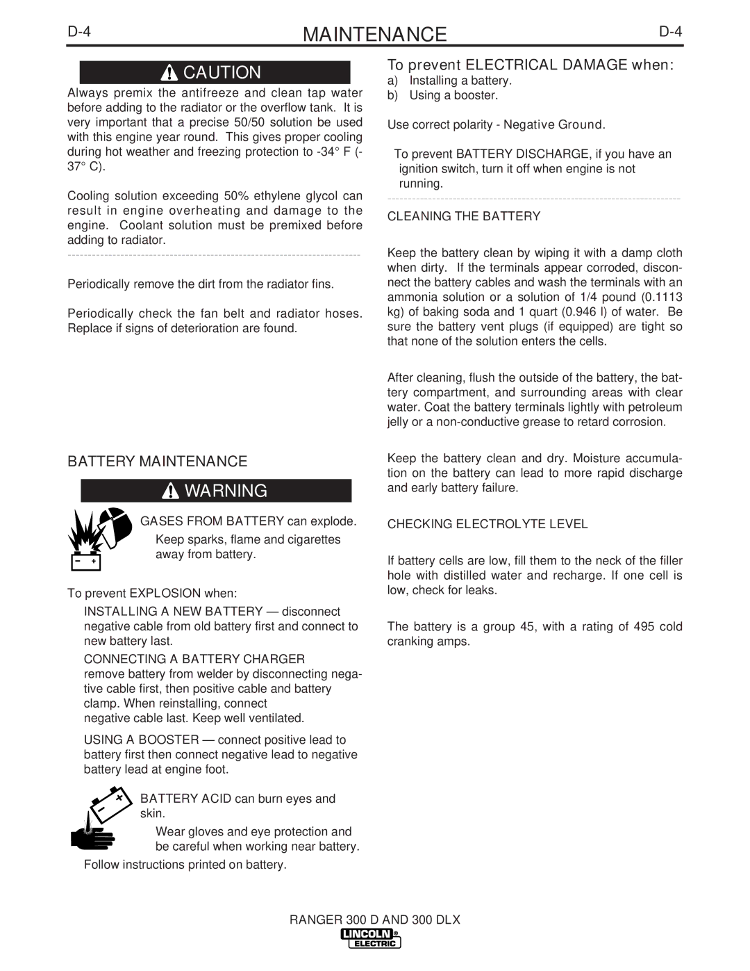 Lincoln Electric 300 DLX manual Battery Maintenance, Cleaning the Battery, Checking Electrolyte Level 