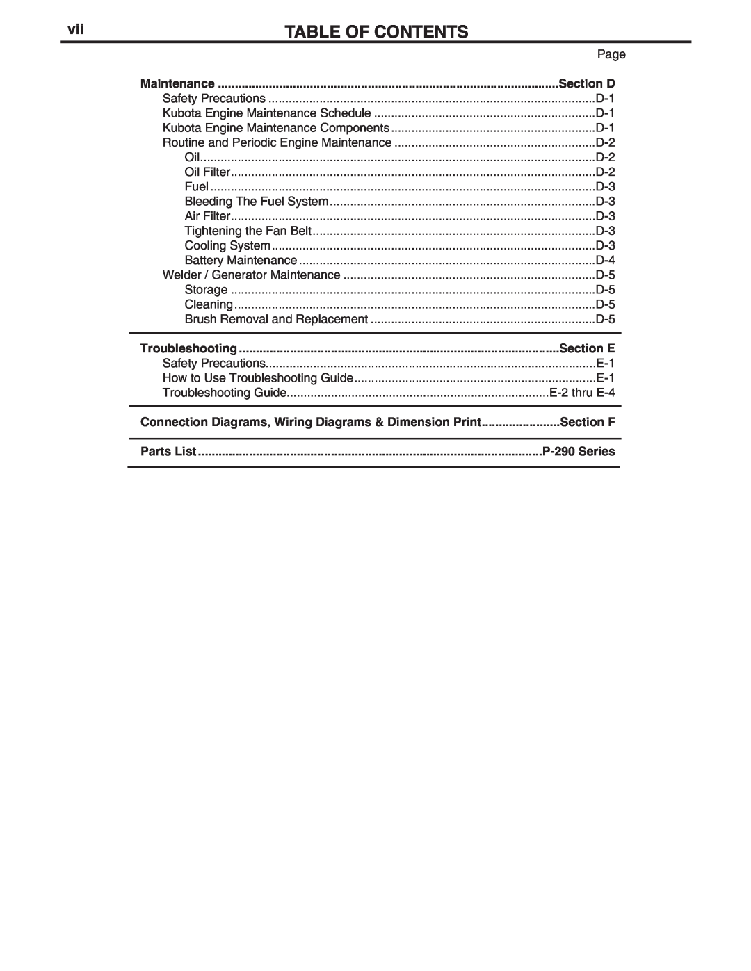 Lincoln Electric 300 DLX manual Table Of Contents, Section D, Section E, Section F, P-290Series 