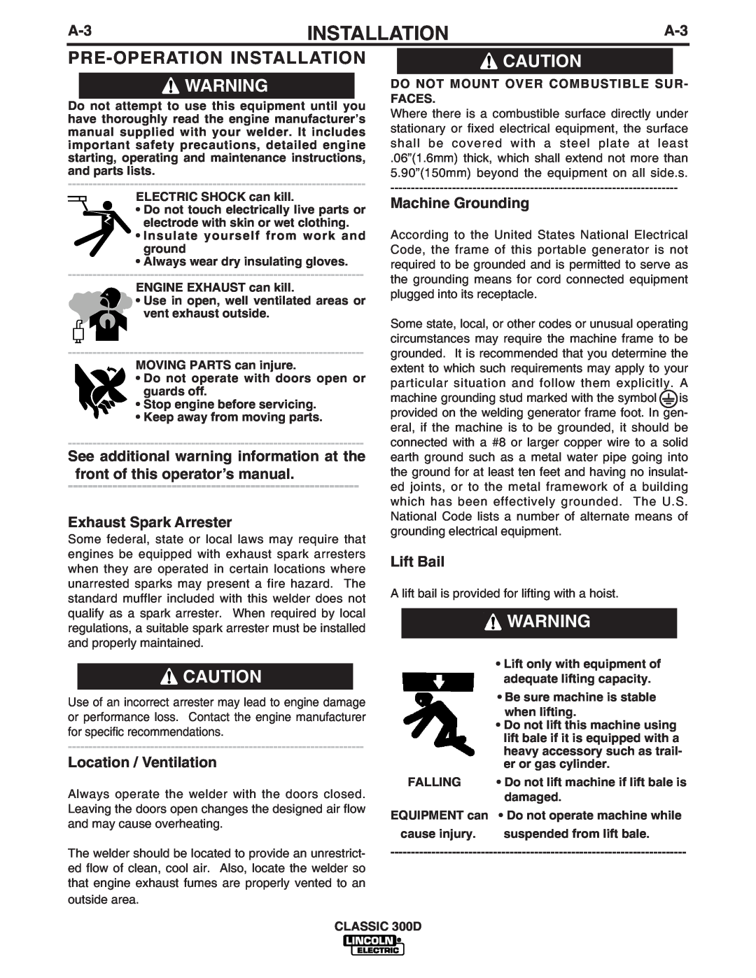 Lincoln Electric 300 D Pre-Operation Installation Warning, See additional warning information at the, Machine Grounding 