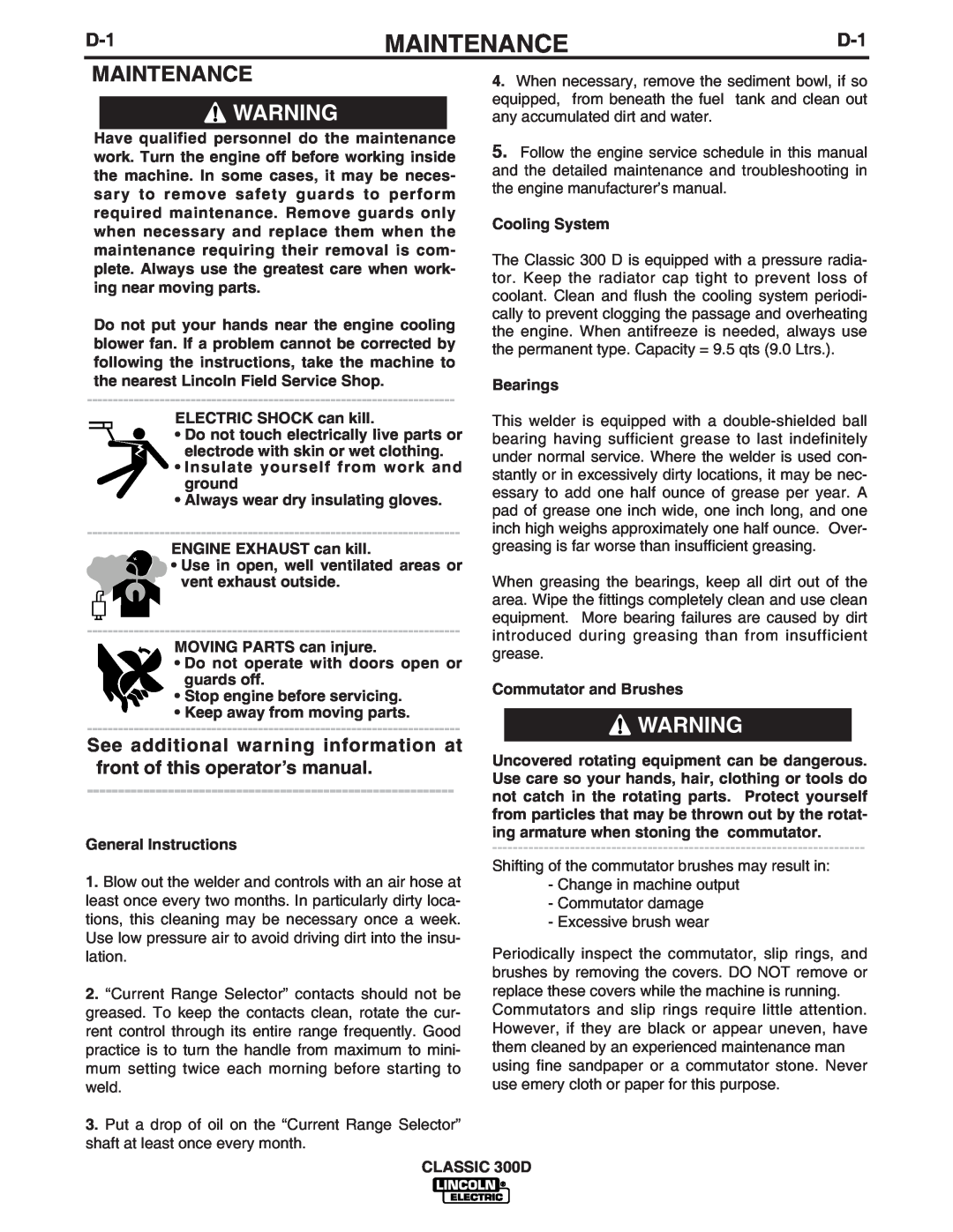 Lincoln Electric 300 D Maintenance, See additional warning information at front of this operator’s manual 