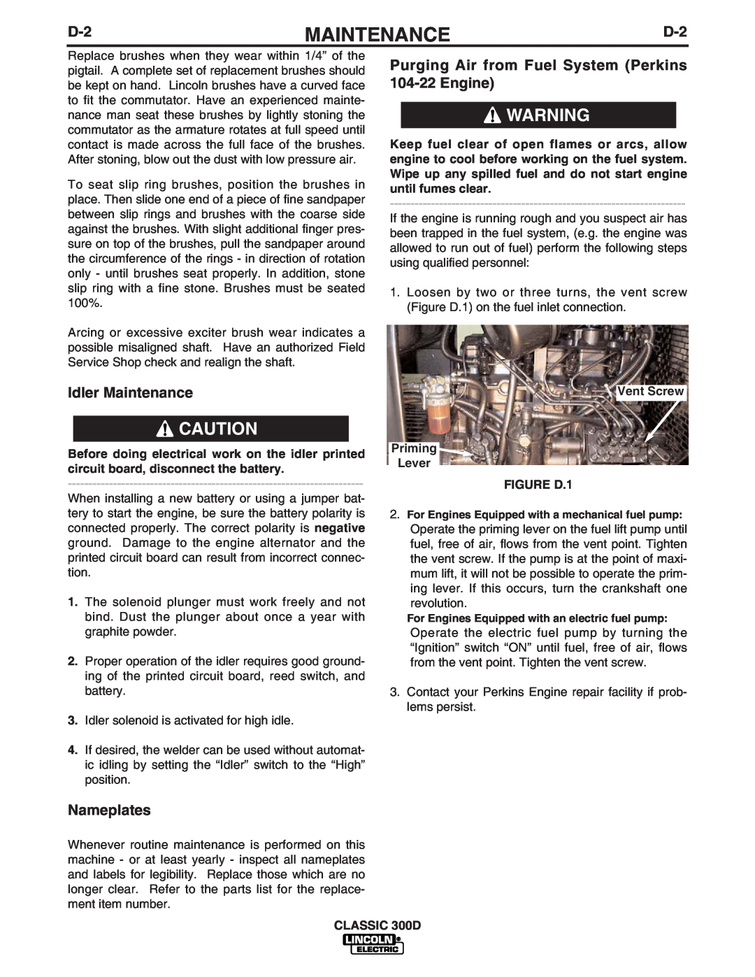 Lincoln Electric 300 D manual Idler Maintenance, Nameplates, Purging Air from Fuel System Perkins 104-22 Engine 