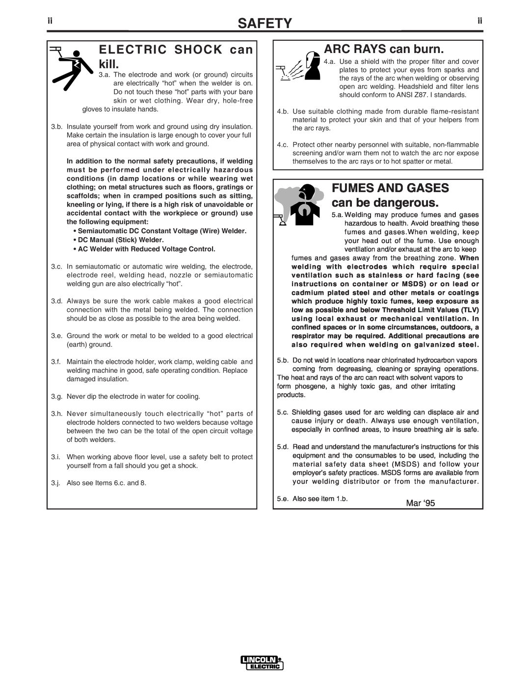 Lincoln Electric 300 D manual ELECTRIC SHOCK can kill, ARC RAYS can burn, FUMES AND GASES can be dangerous, Safety 