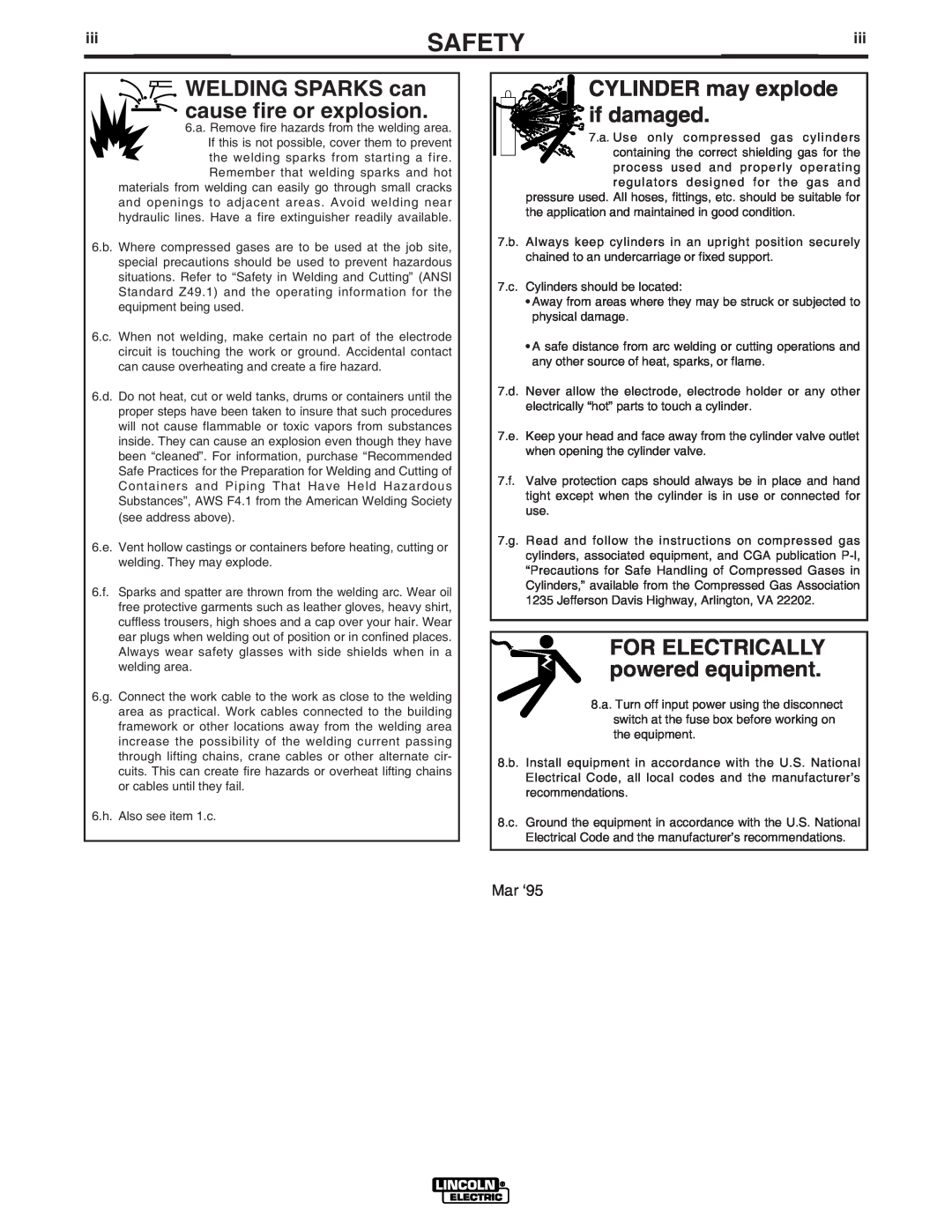 Lincoln Electric 300 D manual CYLINDER may explode if damaged, WELDING SPARKS can cause fire or explosion, Safety 