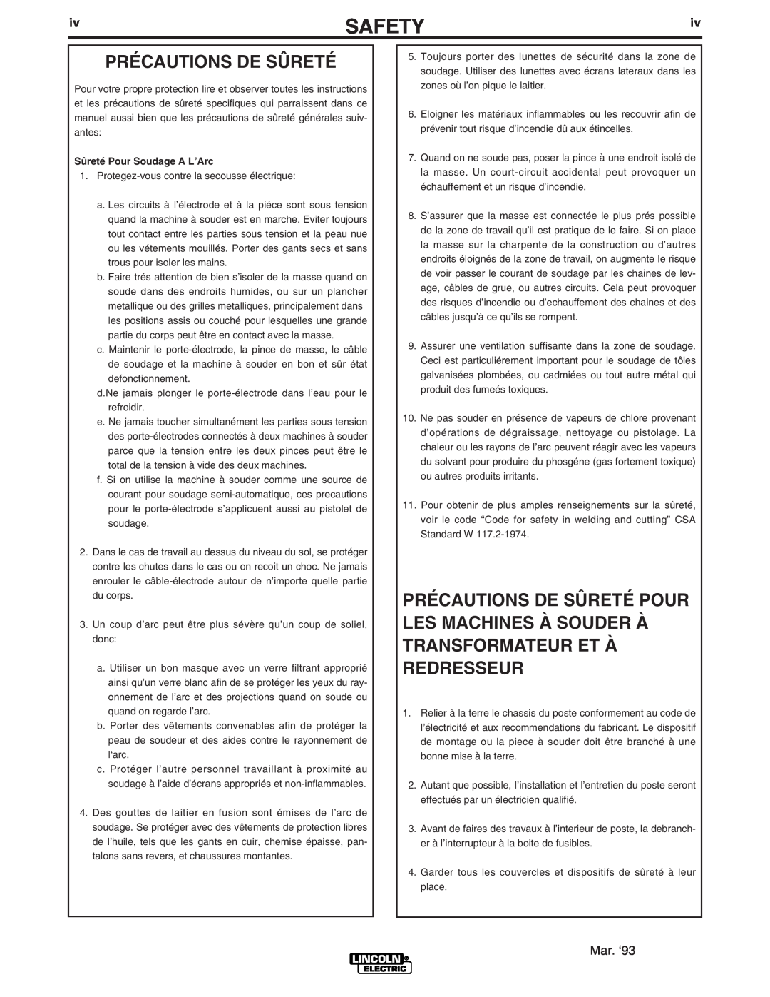 Lincoln Electric 300 D manual Précautions De Sûreté, Safety, Mar. ‘93 