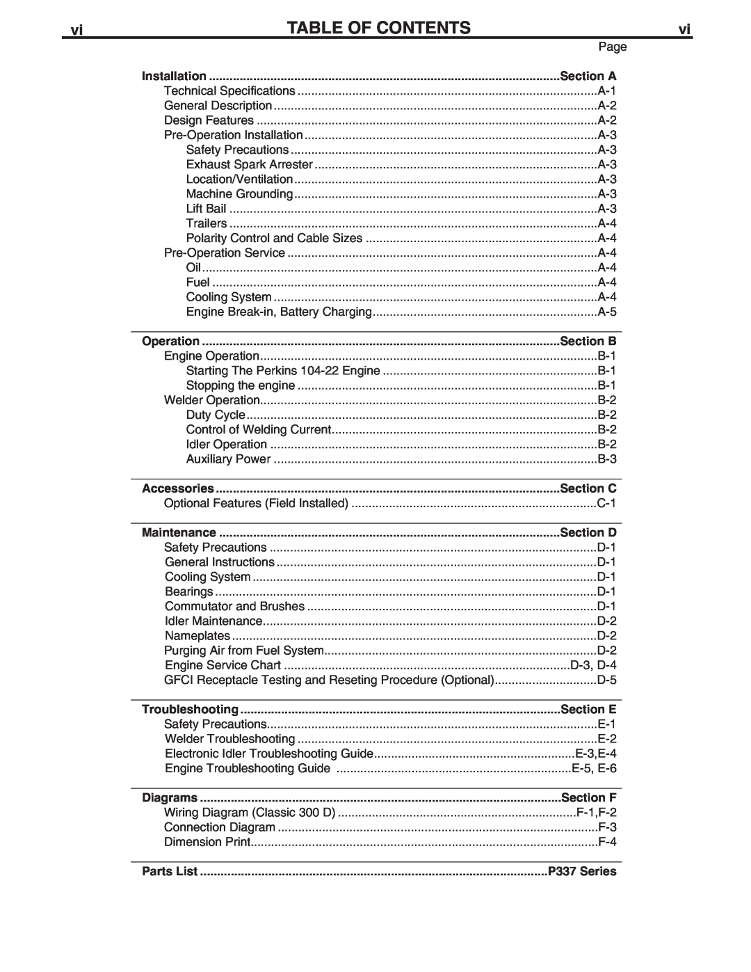 Lincoln Electric 300 D Table Of Contents, Section A, Section B, Section C, Section D, Section E, Section F, P337 Series 