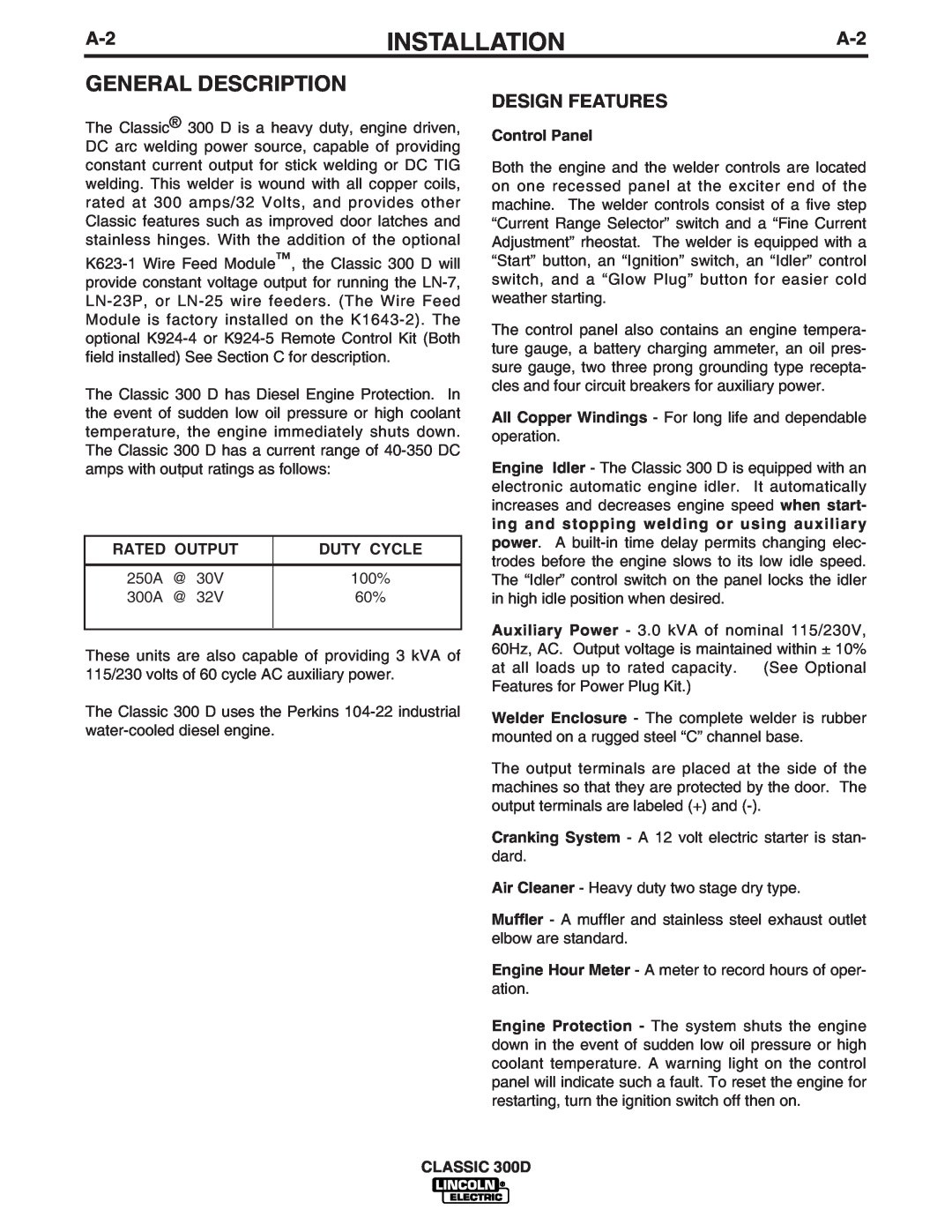 Lincoln Electric 300 D manual General Description, Design Features, Installation 