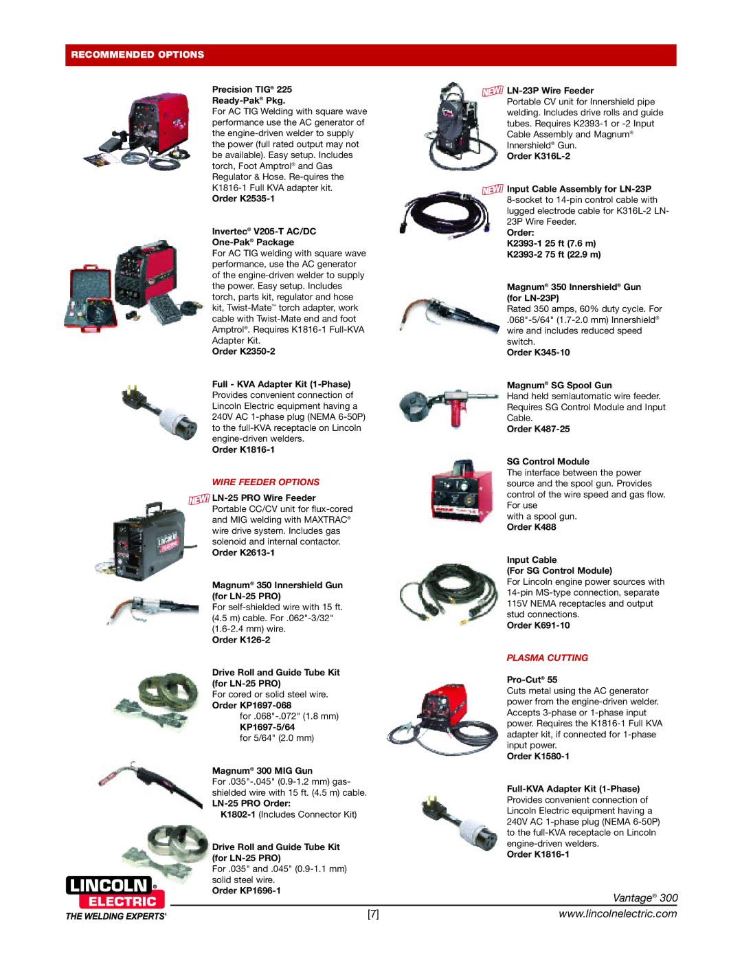 Lincoln Electric 300 technical specifications Wire Feeder Options, Plasma Cutting 