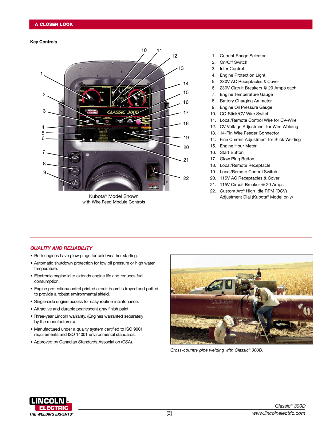 Lincoln Electric 300D technical specifications Quality and Reliability, Key Controls 