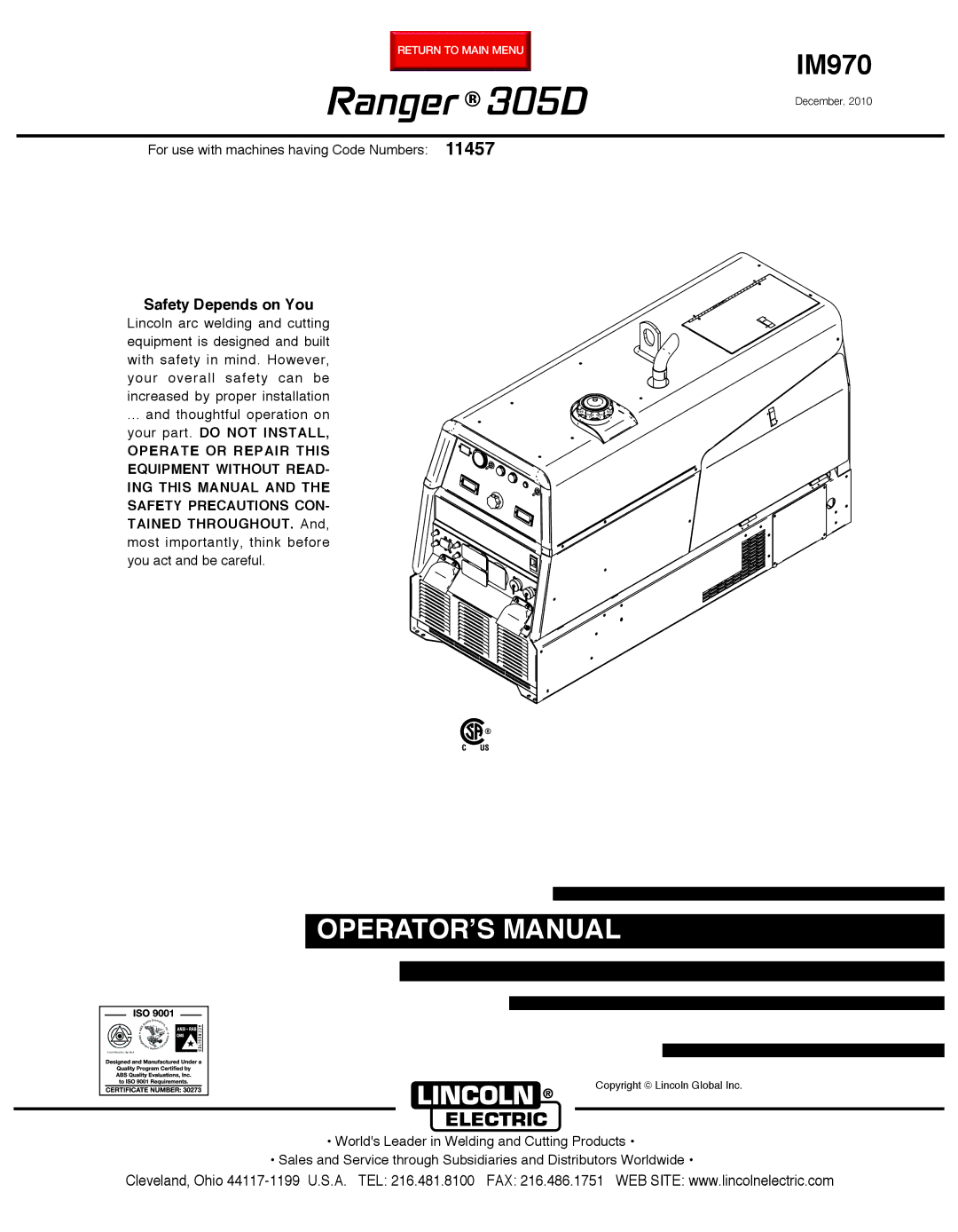 Lincoln Electric manual Ranger 305D, Safety Depends on You 