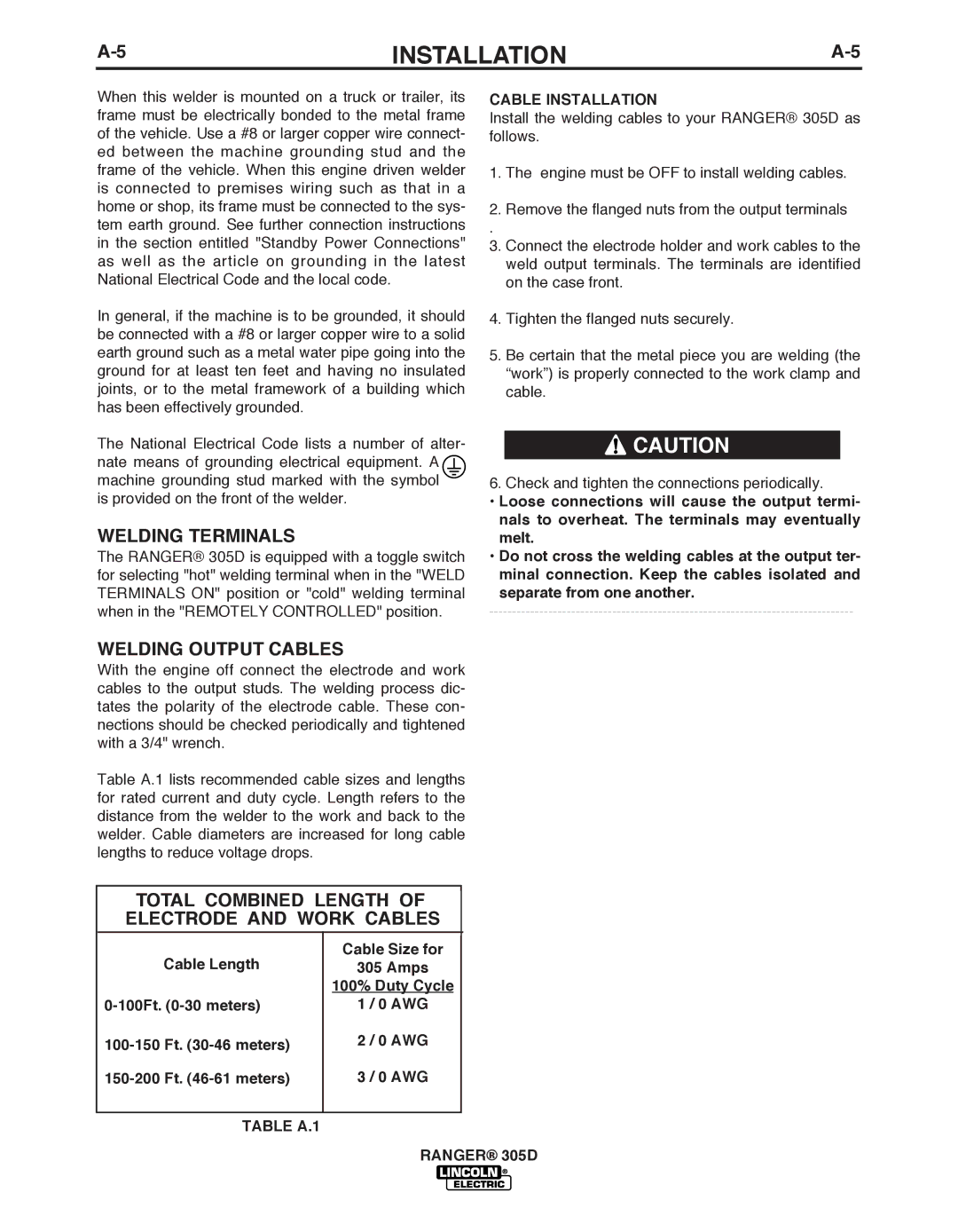 Lincoln Electric 305D manual Welding Terminals, Welding Output CAbLES, Total COMbINED Length Electrode and Work CAbLES 