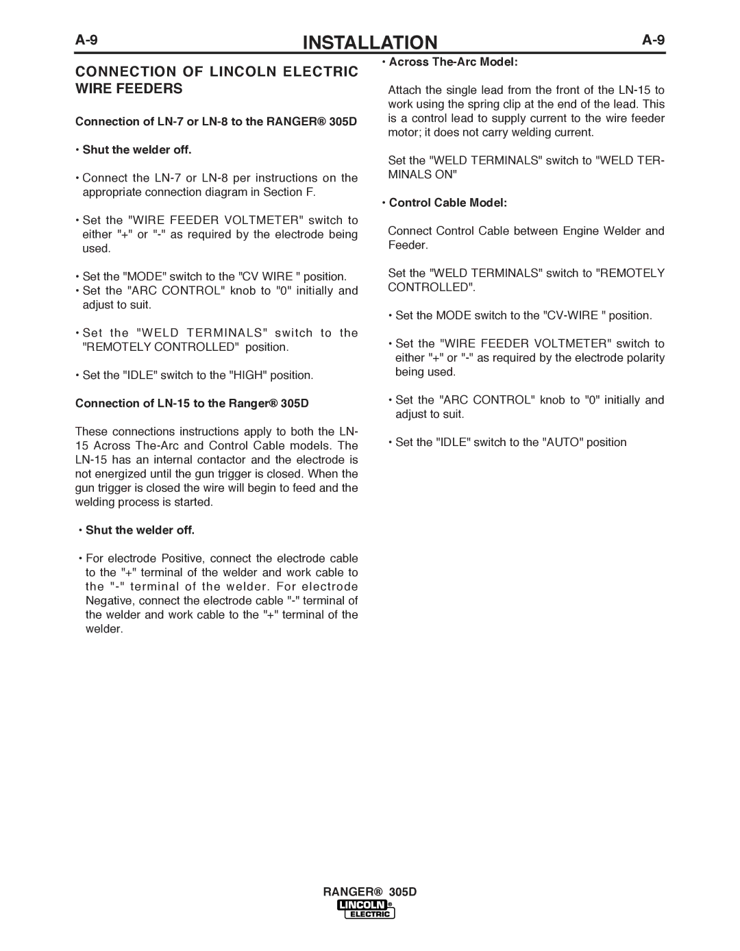 Lincoln Electric manual Connection of Lincoln Electric Wire Feeders, Connection of LN-15 to the Ranger 305D 