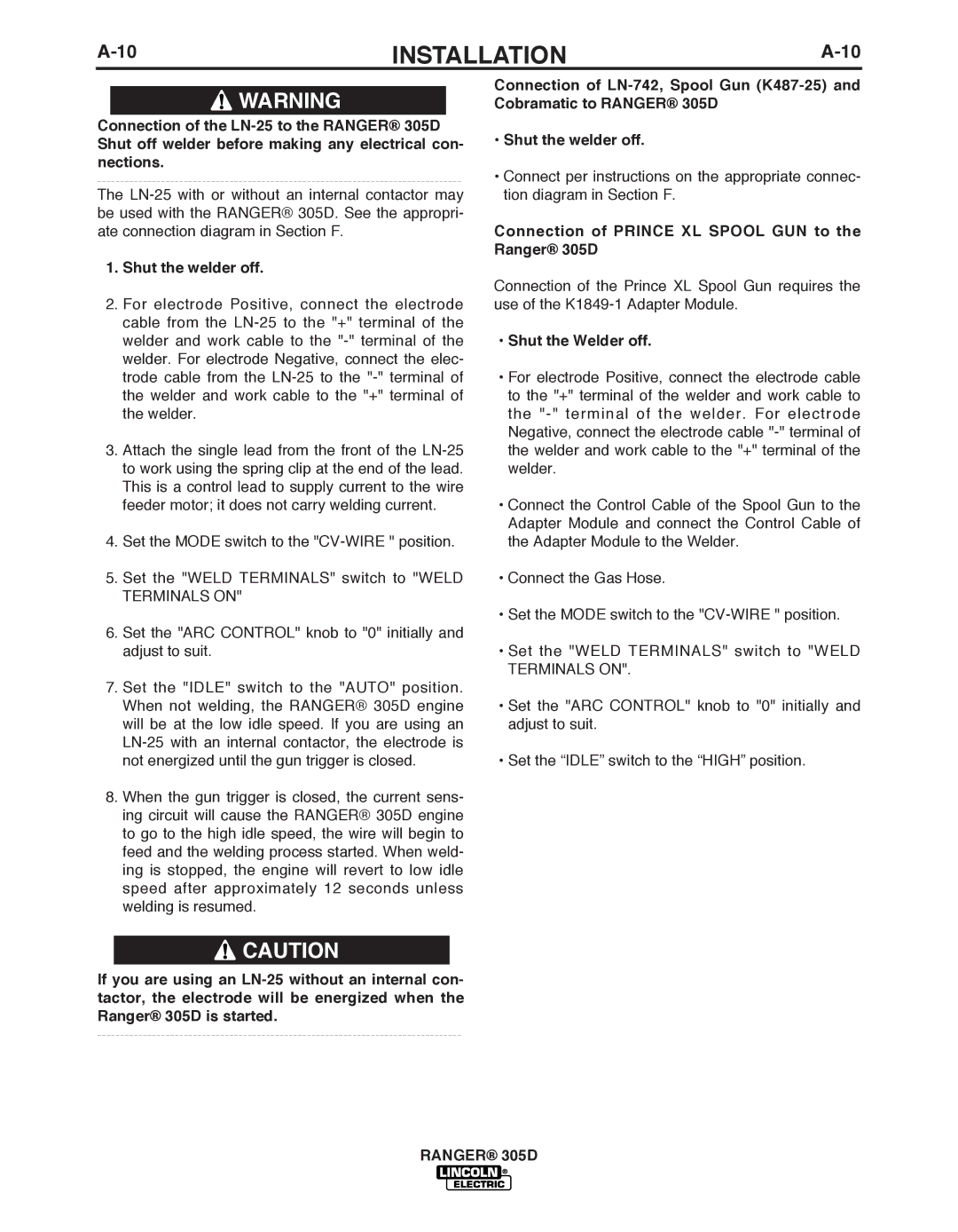 Lincoln Electric manual Terminals on, Connection of Prince XL Spool GUN to the Ranger 305D 