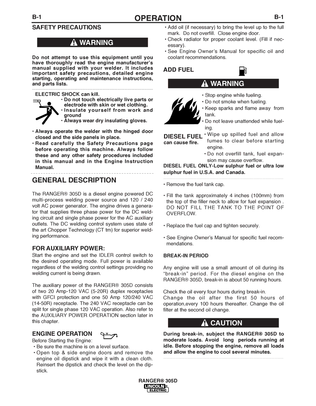 Lincoln Electric 305D manual General Description, Safety Precautions, For Auxiliary Power, Engine Operation, ADD Fuel 