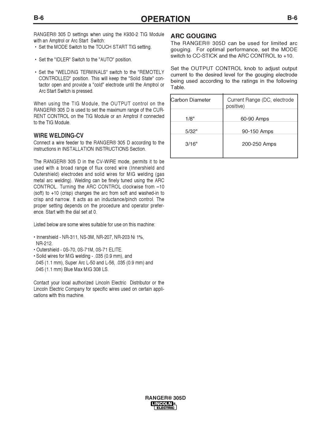 Lincoln Electric 305D manual Wire WELDING-CV, ARC Gouging 