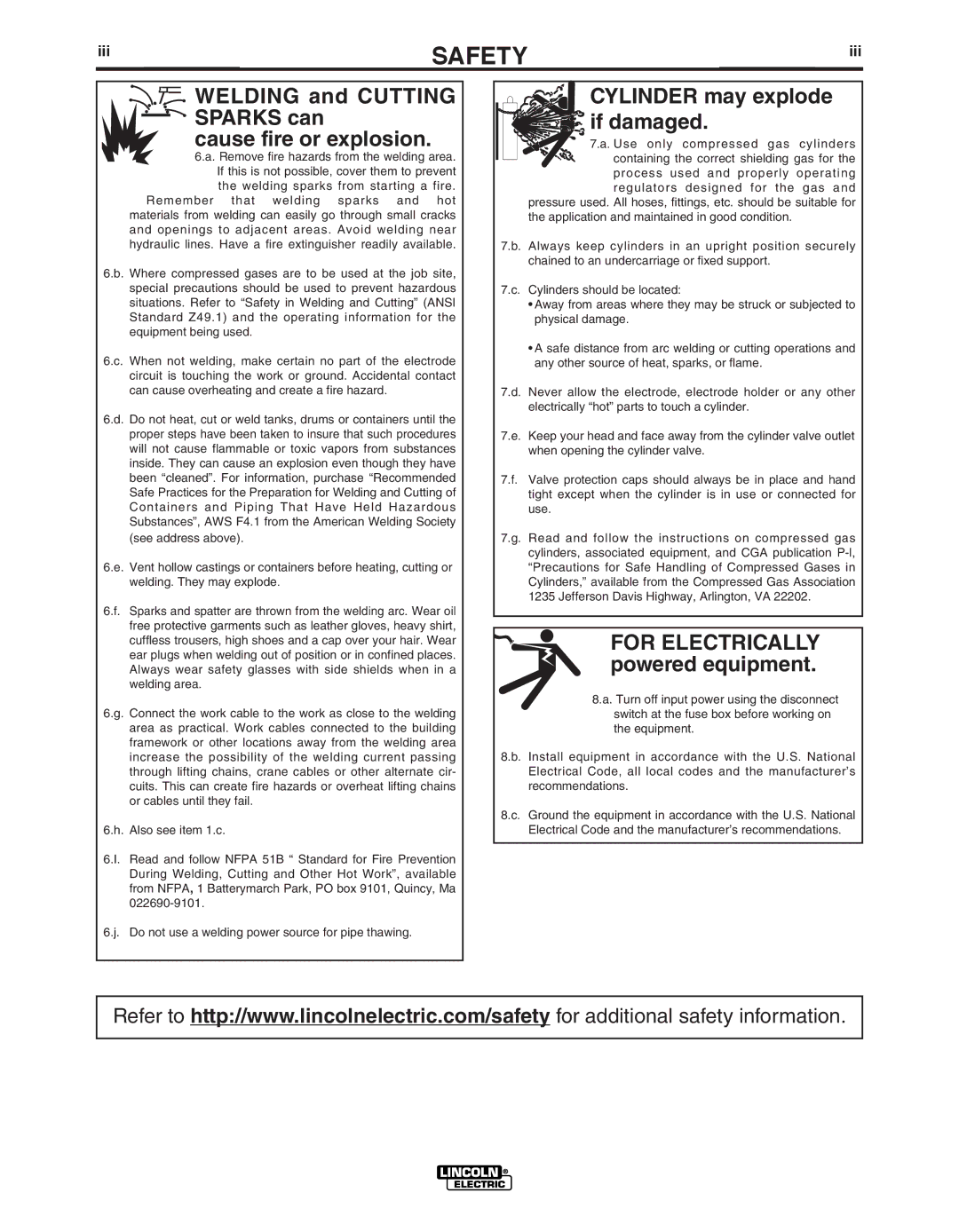 Lincoln Electric 305D manual Welding and Cutting Sparks can Cause fire or explosion, Iii 