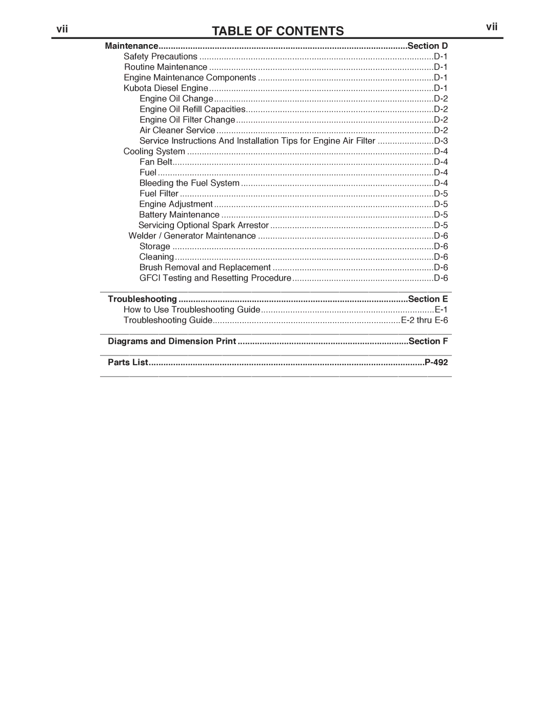 Lincoln Electric 305D manual Vii, Section D, Section E, Section F, 492 