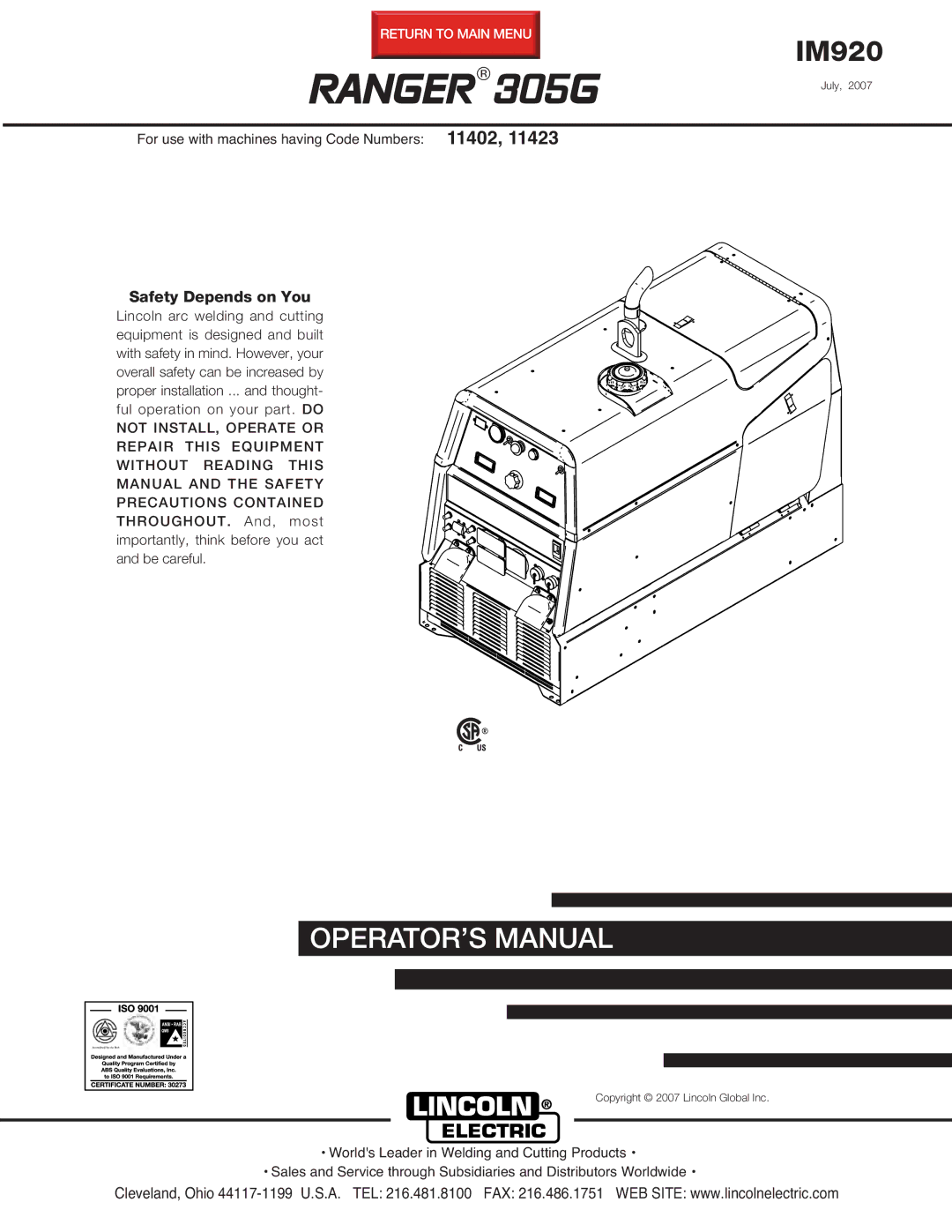 Lincoln Electric 305G manual Ranger 