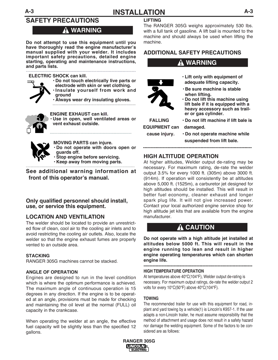 Lincoln Electric 305G manual Location and Ventilation, Additional Safety Precautions, High Altitude Operation 