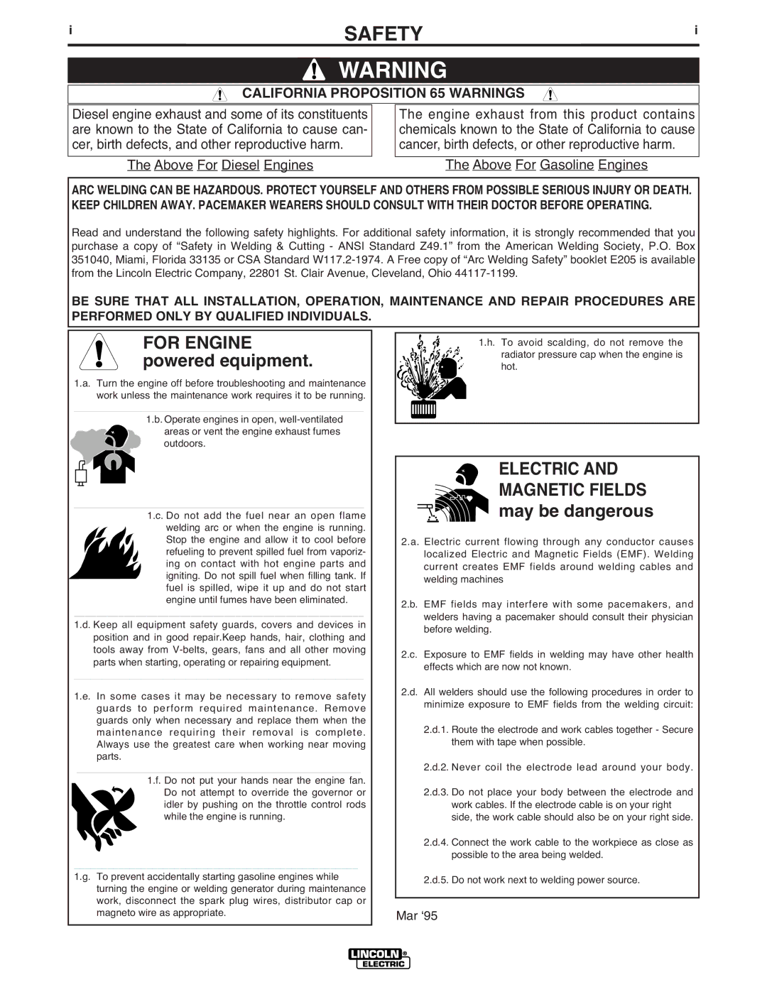 Lincoln Electric 305G manual Safety, California Proposition 65 Warnings 