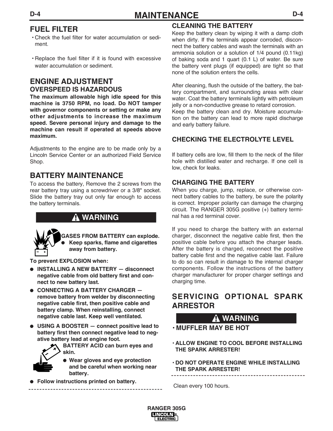 Lincoln Electric 305G manual Fuel Filter, Engine Adjustment, Battery Maintenance, Servicing Optional Spark Arrestor 